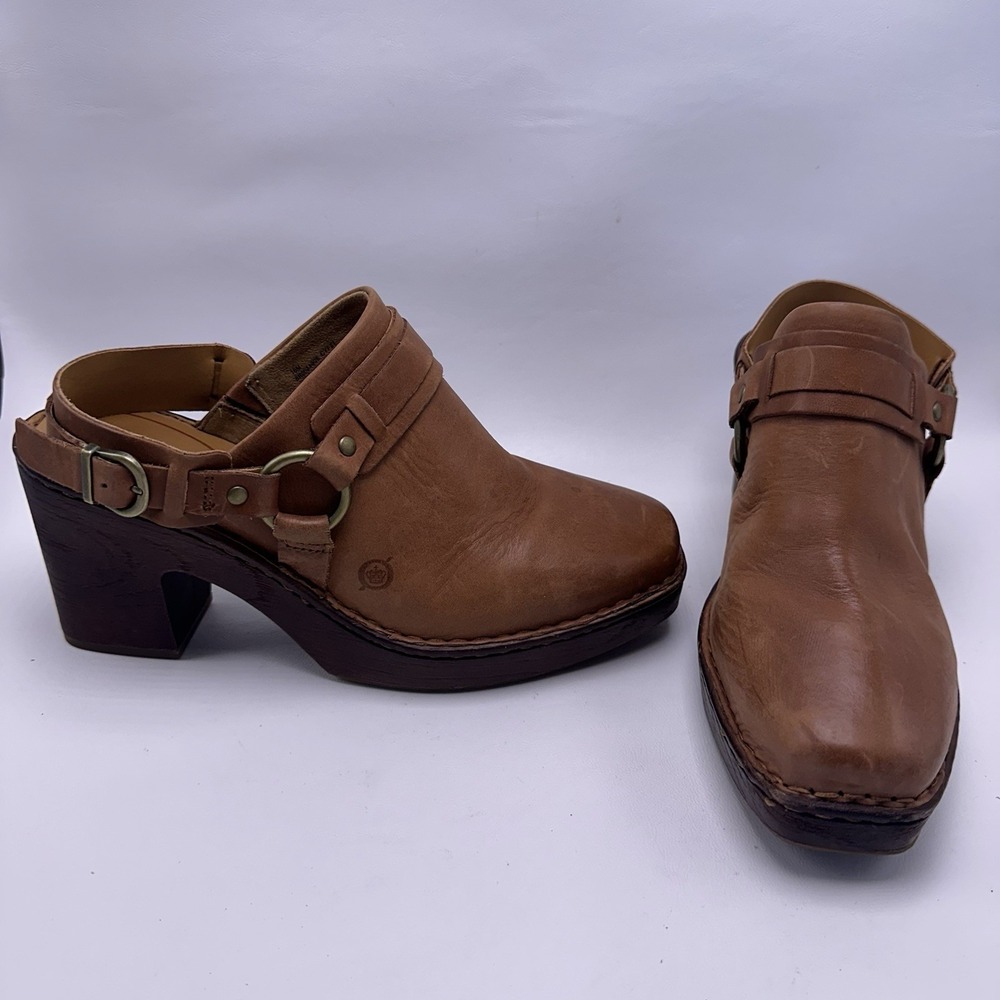 Born Hudson Brown Leather Clogs Slingback Platform Heels‎ Women's Size 10 M